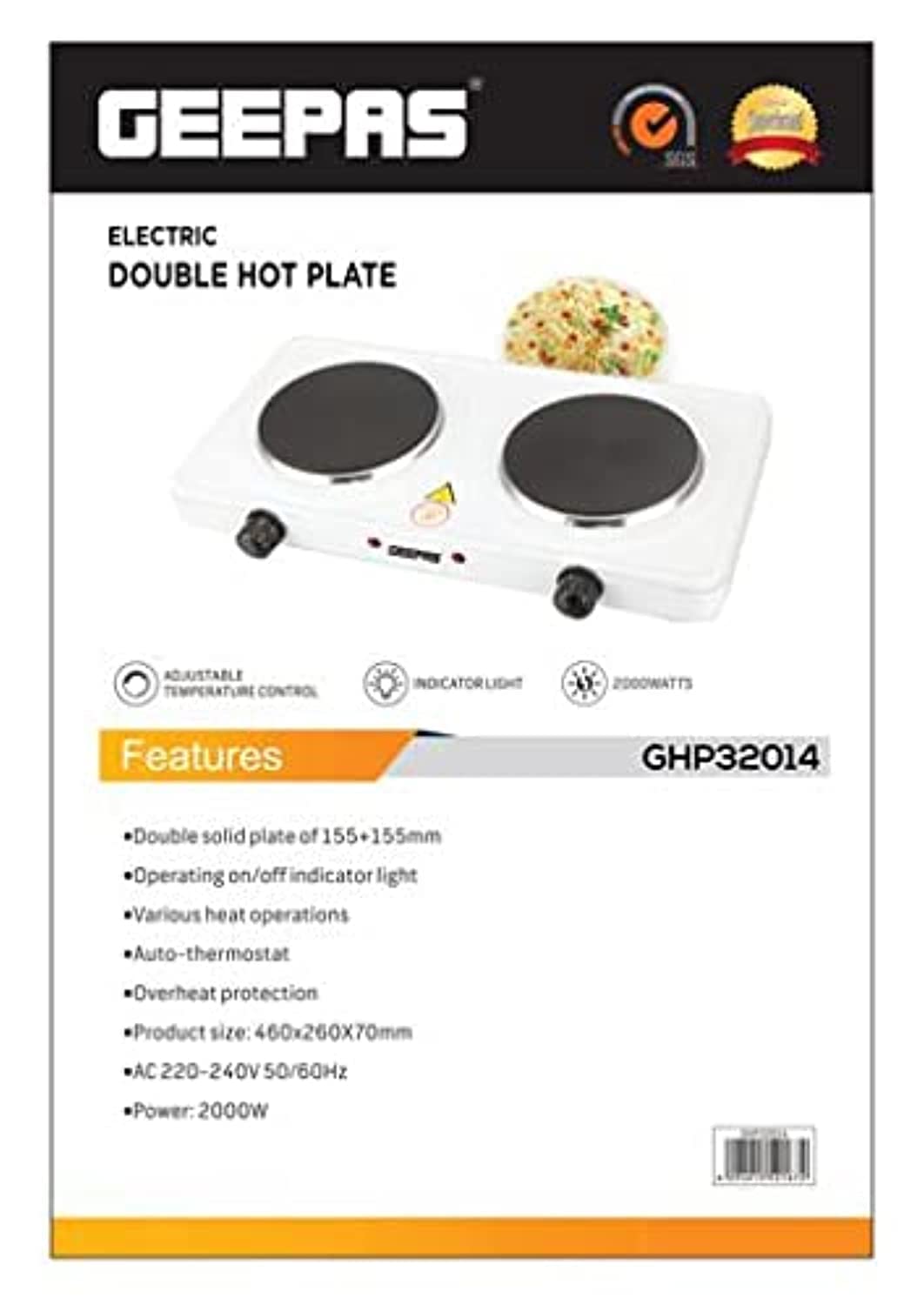 Geepas 2000W Electric Double Hot Plate with Auto-Thermostat, White/Black 1 year warranty جيباس لوح تسخين كهربائي مزدوج 2000 واط مع ترموستات تلقائي، ابيض/اسود Geepas 2000W Electric Double Hot Plate with Auto-Thermostat, White/Black 1 year warranty جيباس لوح تسخين كهربائي مزدوج 2000 واط مع ترموستات تلقائي، ابيض/اسود